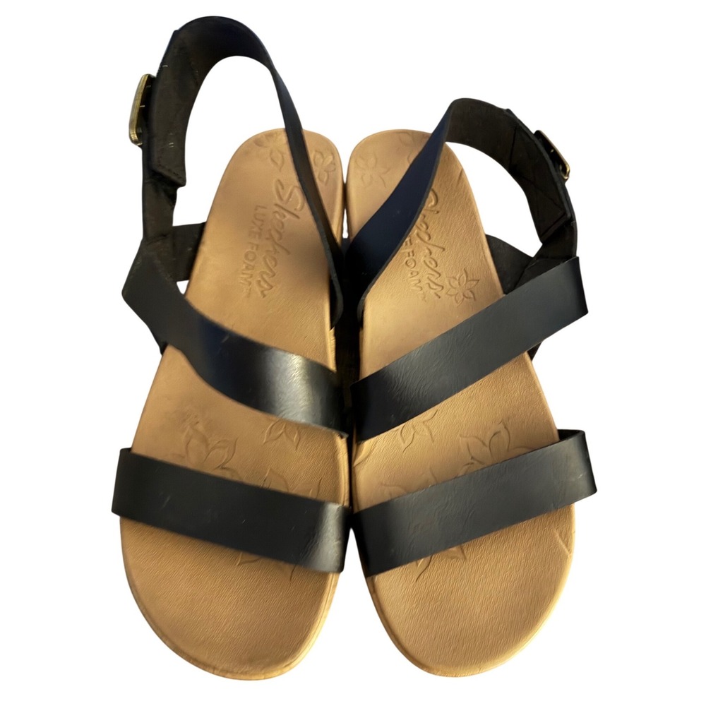 Skechers Luxe Foam Black Strappy Wedge Sandals Platform Ankle Strap Shoes Womens